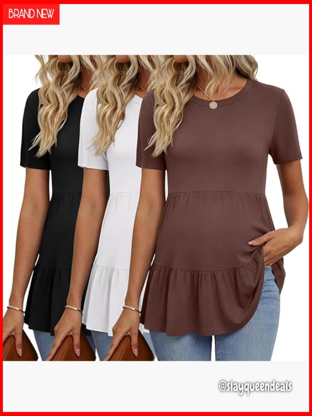 Short Sleeve Ruffle Peplum Maternity Tops 3 Pack